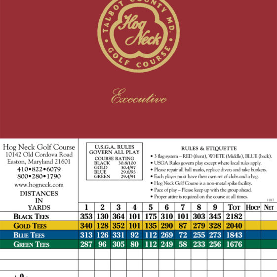 Executive Course Scorecards Golf Associates